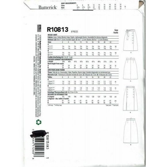 Butterick Sewing Pattern 10813 Misses Skirt Size 6 - Picture 2 of 2